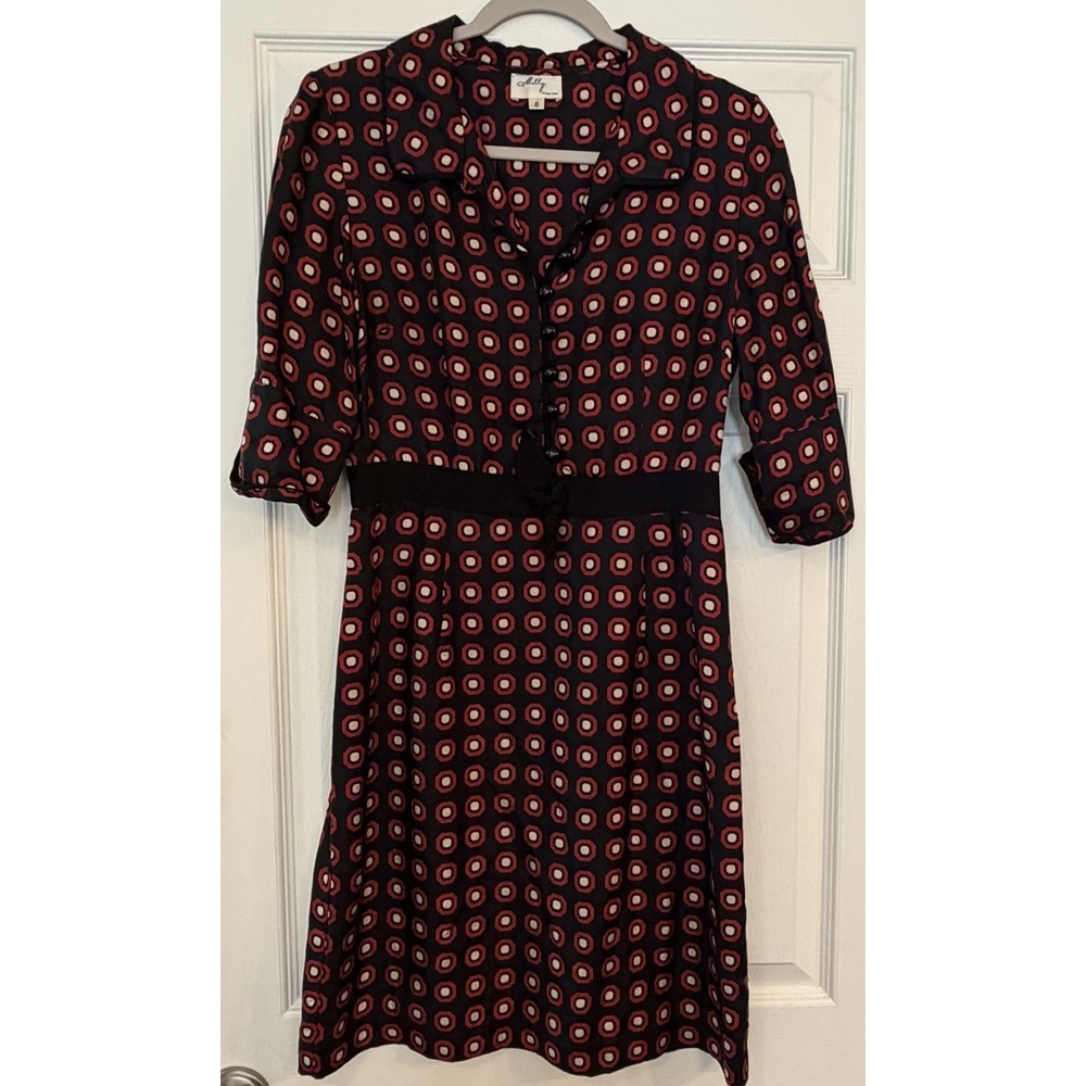 Milly New York Vtg 100% Silk Shirtdress Sz 8 Black Red Retro 60s 70s Work Office